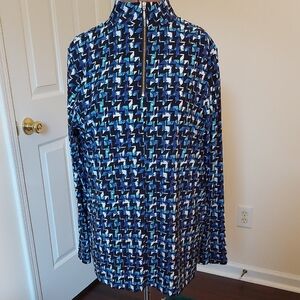 Dennis Basso Blue, Black, Teal and White Patterned Quarter Zip Top